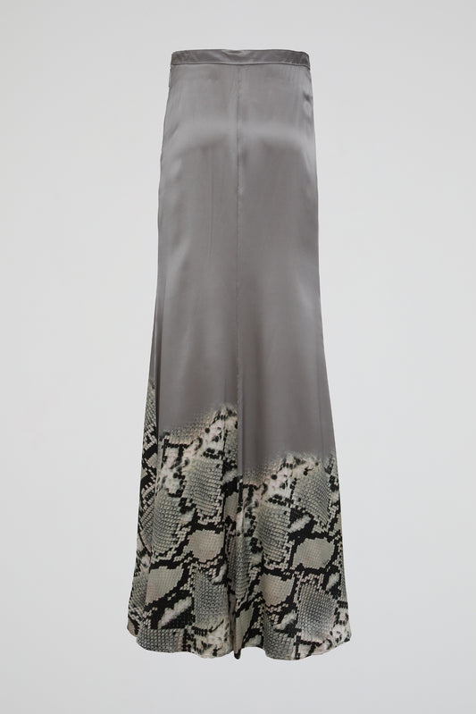 Silver Satin Snakeskin Print Maxi Skirt