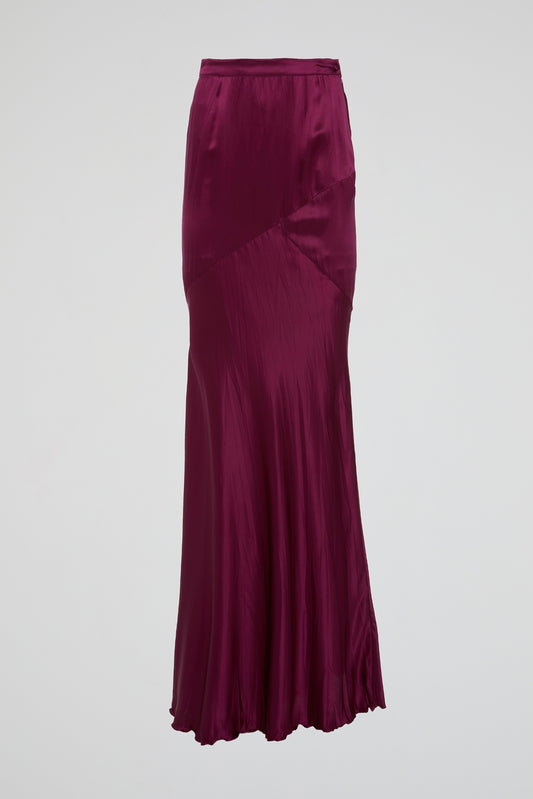 Burgundy Satin Maxi Skirt with Asymmetrical Detailing