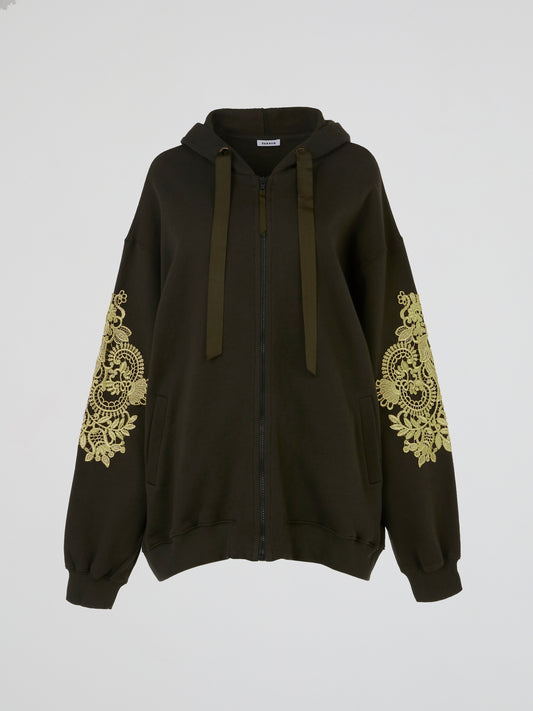 Olive Baroque Embroidered Full Zip Hoodie