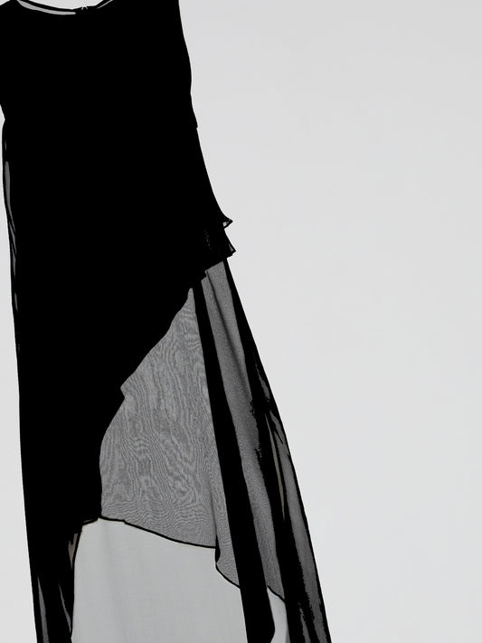 Black Sheer Layered Asymmetric Maxi Dress