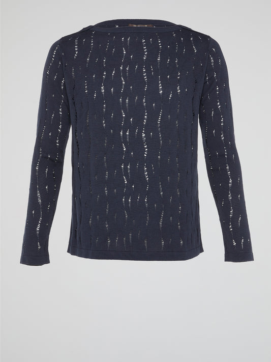 Embrace a touch of urban chic with the Navy Distressed Long Sleeve Top by Roberto Cavalli. This edgy yet sophisticated piece features intricate distressing details and a timeless navy hue, perfect for effortlessly elevating any outfit. Make a bold style statement and stand out from the crowd with this fashion-forward top that exudes confidence and individuality.