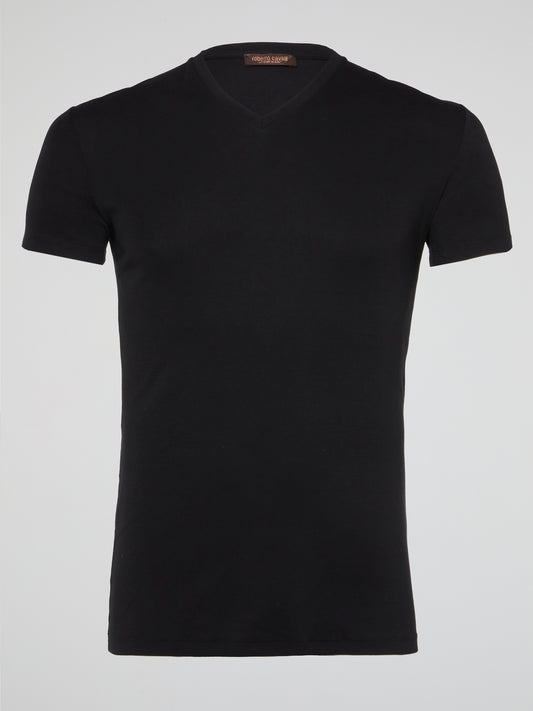 Elevate your everyday style with the sleek and sophisticated Black Logo Print V-Neck T-Shirt by Roberto Cavalli Underwear. Made from premium quality materials, this t-shirt boasts a bold logo print that adds a touch of luxury to your casual ensemble. Feel confident and effortlessly chic in this timeless piece that combines comfort and fashion in one. Stand out from the crowd and make a statement with Roberto Cavalli Underwear.