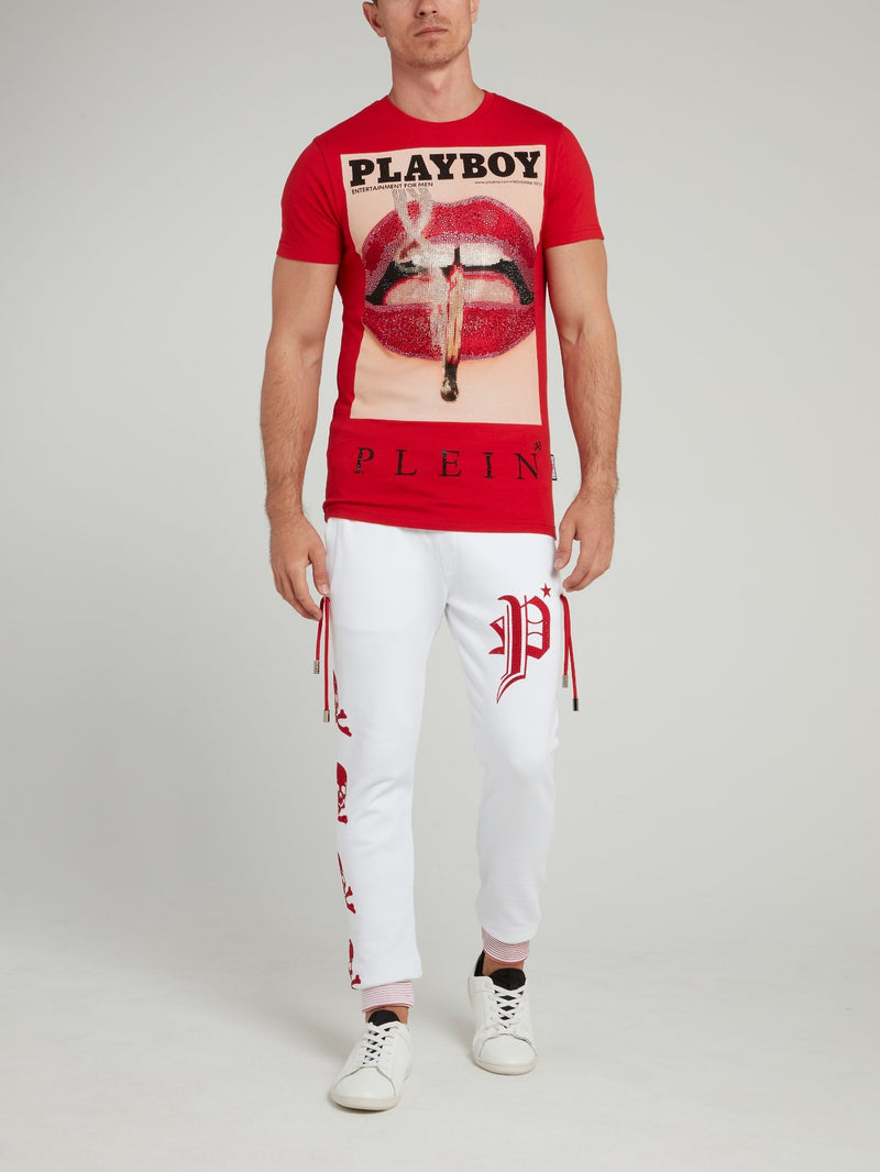 Red Playboy Print Round Neck T-Shirt