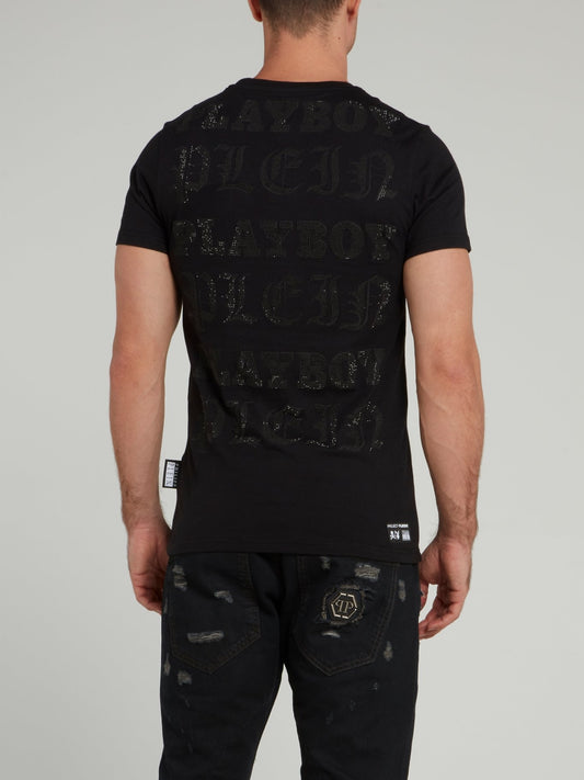 Black Playboy Print Round Neck T-Shirt