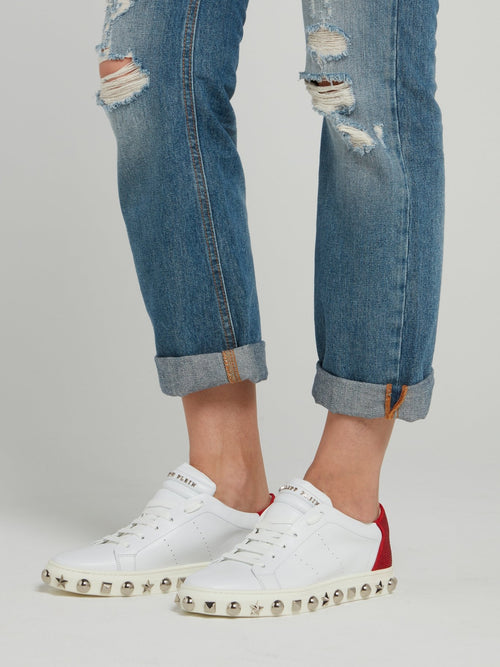 White Embellished Sole Perforated Sneakers