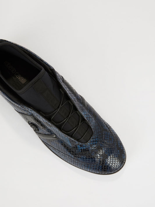 Темно-синие кроссовки с эффектом змеиной кожи
