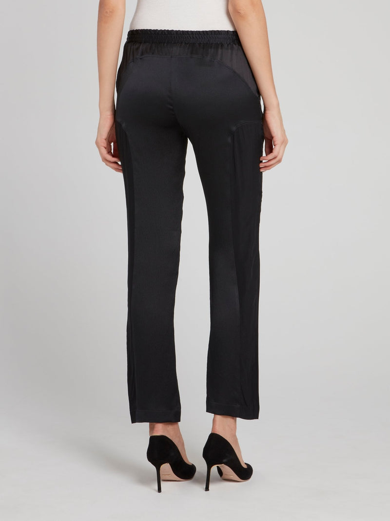 Black Satin Panel Straight Cut Pants