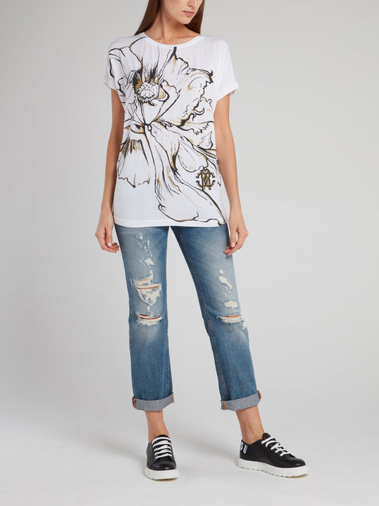 White Flower Print Short Sleeve T-Shirt