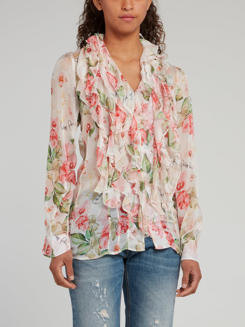 Шелковая блузка с жабо и цветочным принтом