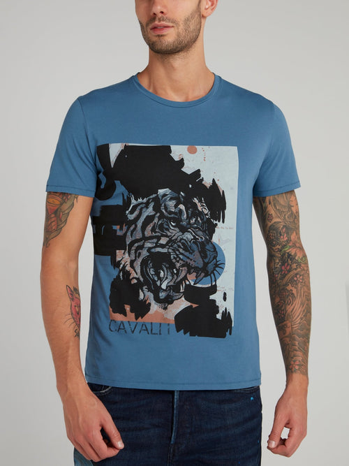 Синяя хлопковая футболка с изображением тигра