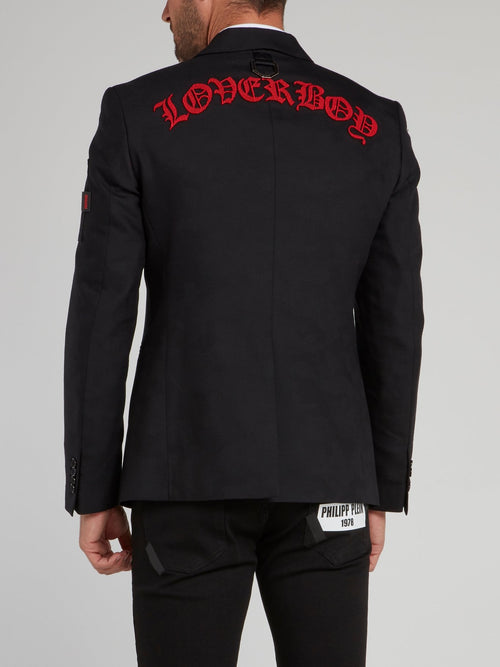 Черный пиджак с отделкой и надписью