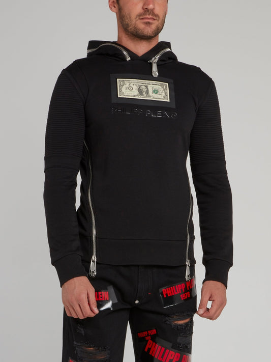 Zipper Embellished Dollar Hooded Sweatshirt