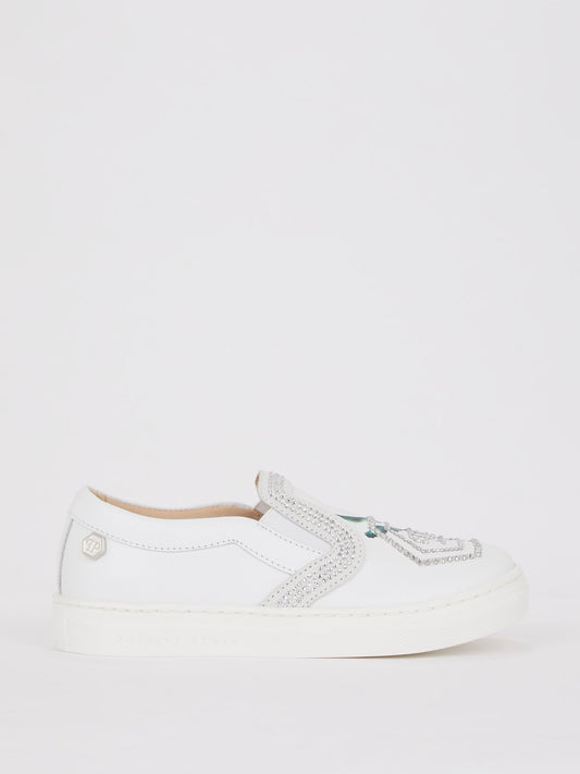 White Crystal Studded Slip On Sneakers