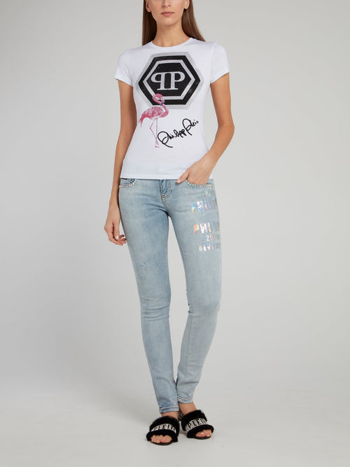 White Studded Flamingo Print Logo T-Shirt