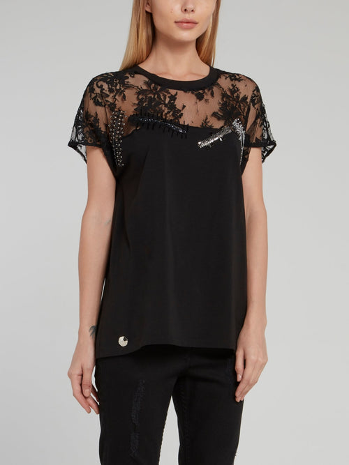 Black Embellished Mesh Panel Top