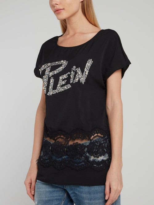 Black Studded Lace Panel Shirt