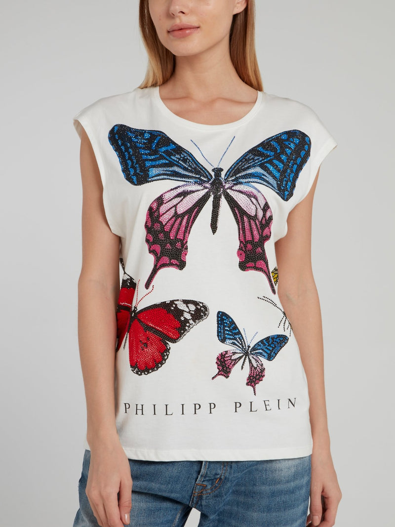 White Studded Butterfly Cap Sleeve Shirt