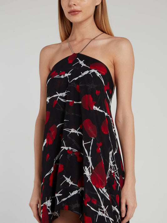 Black Rose Print High-Low Halter Dress