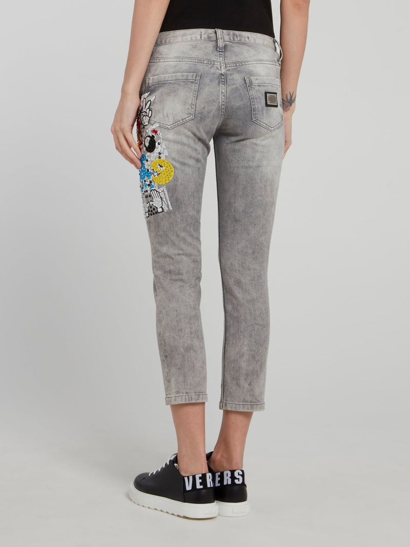 Grey Multi-Stud Distressed Cropped Pants