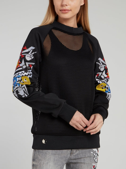 Black Embellished Net Mesh Raglan Sweatshirt