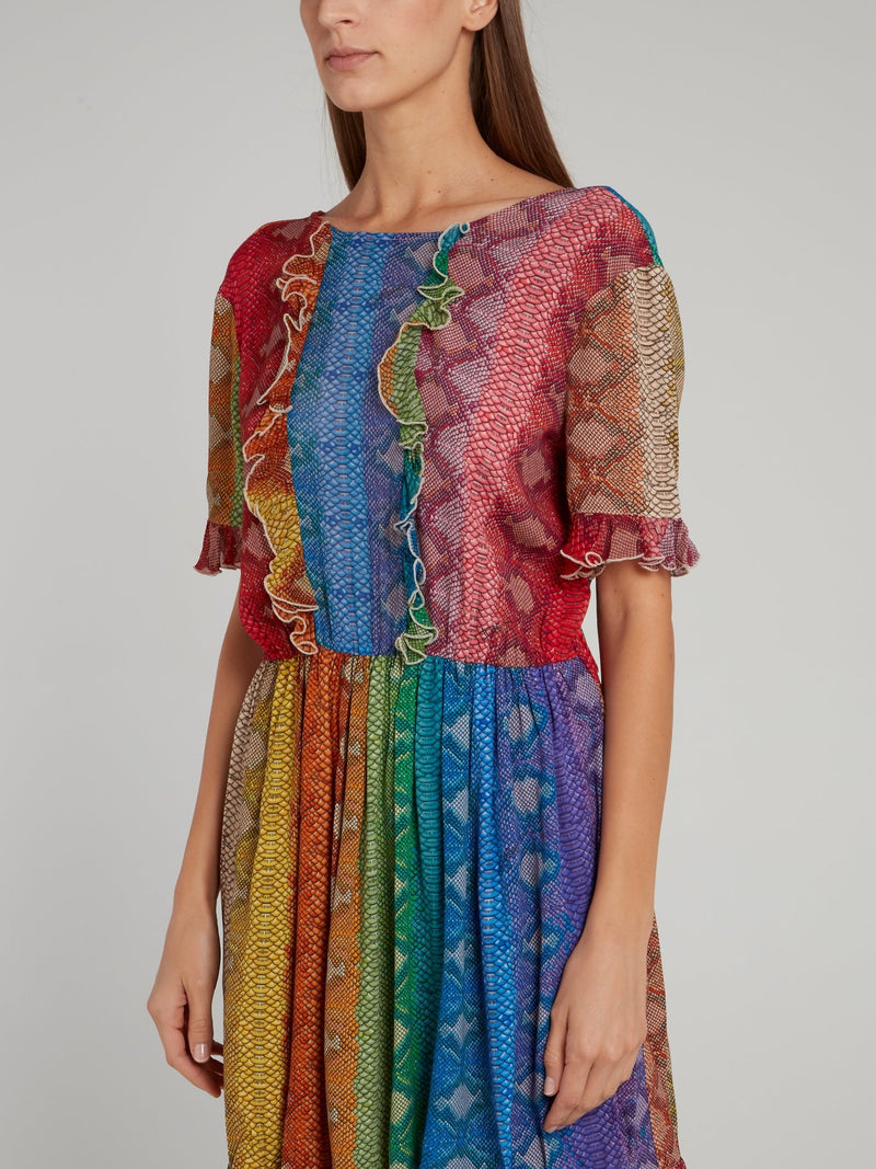 Разноцветное платье-мини с эффектом змеиной кожи и рюшами