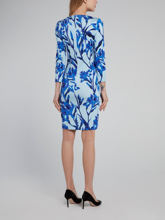 Blue Floral Print Three Quarter Sleeve Dress