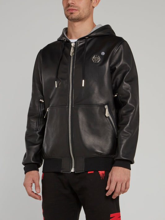 Black Hooded Leather Bomber Jacket