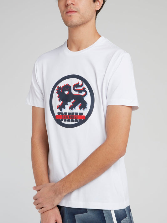 White Logo Round Neck Cotton T-Shirt