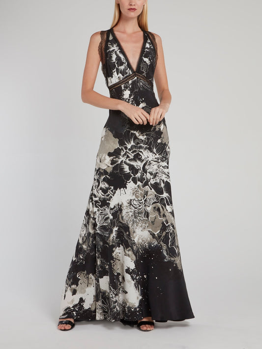 Black Lace Panel Plunge Maxi Dress