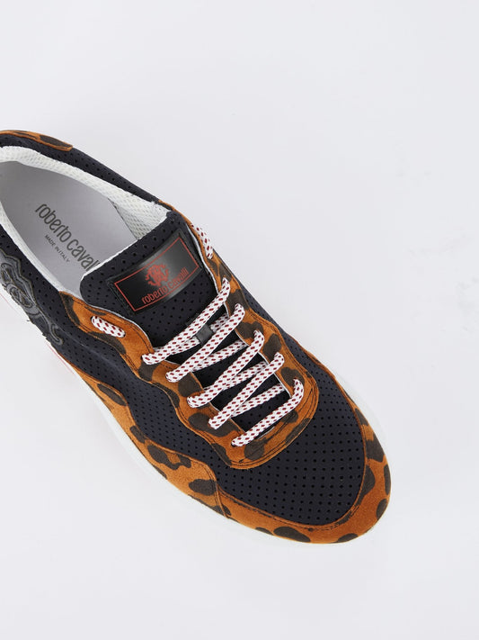 Кроссовки на шнуровке с перфорацией и вставками с леопардовым принтом