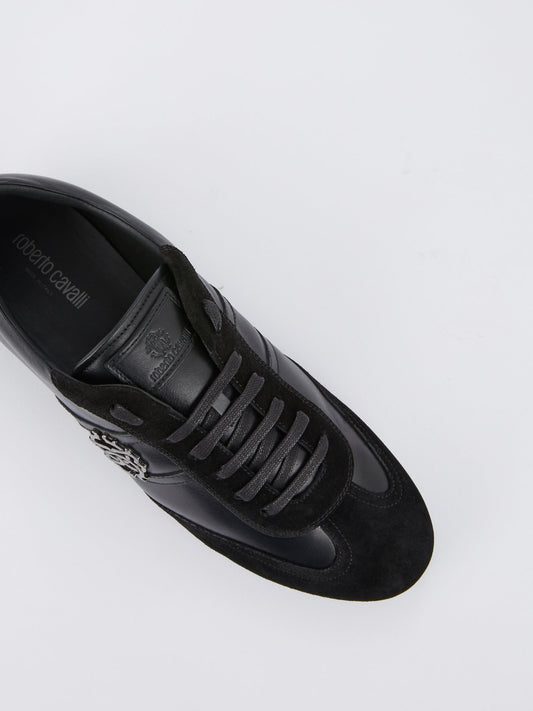 Черные кожаные кроссовки с замшевыми вставками