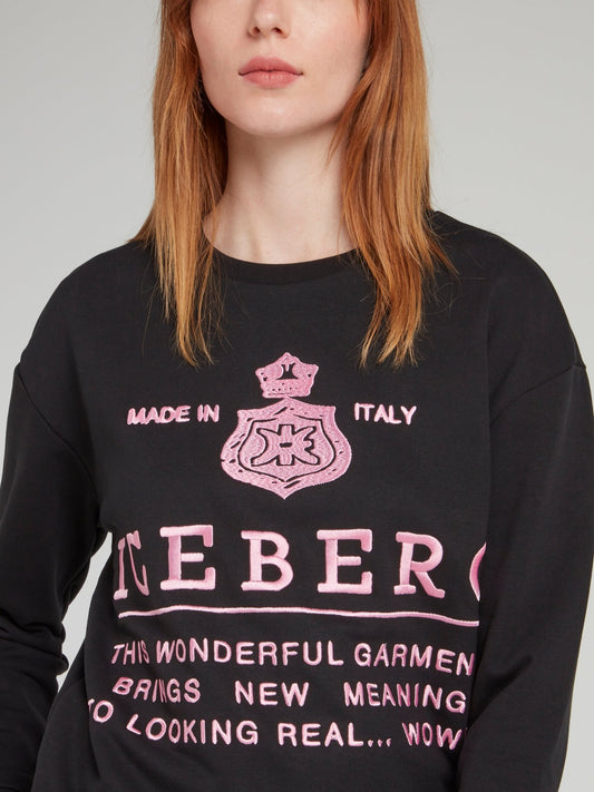 Black with Pink Logo Embroidered Sweatshirt