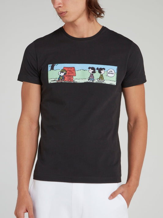 Black Snoopy Comic Print Cotton T-Shirt