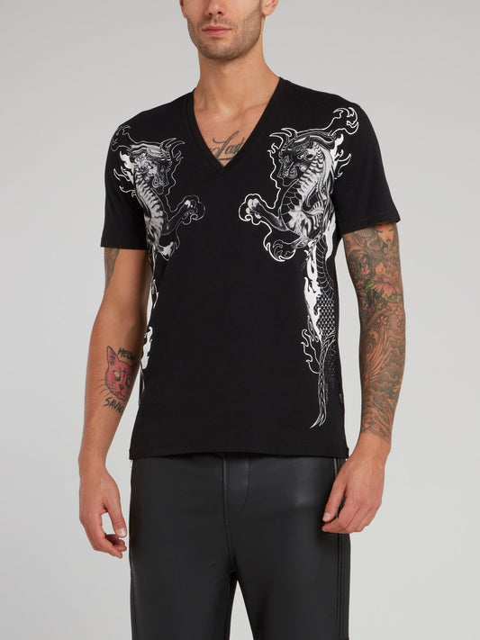 Black Dragon Print V-Neck T-Shirt