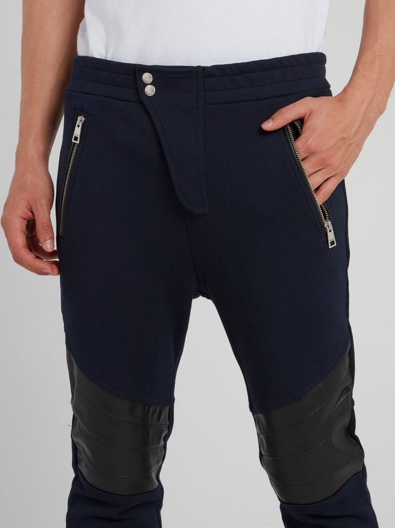 Темно-синие кожаные брюки со вставками на коленях