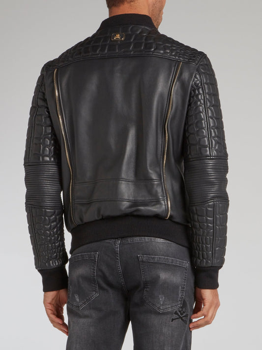 Black Crocodile Effect Leather Bomber Jacket