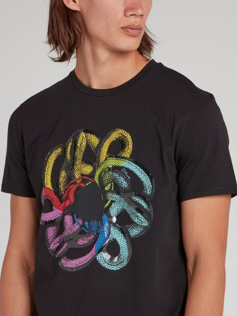 Черная хлопковая футболка с изображением змеи
