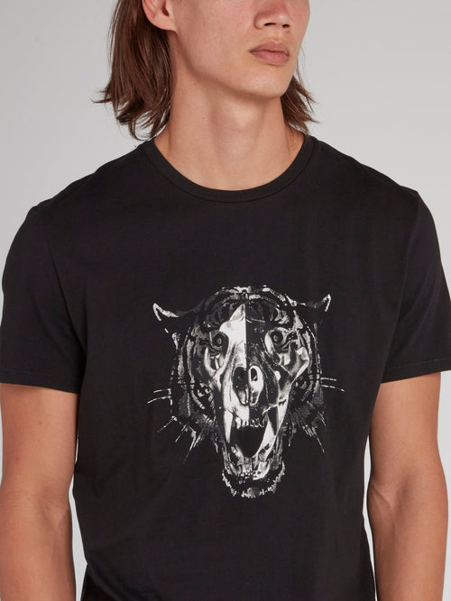 Черная хлопковая футболка с изображением головы леопарда