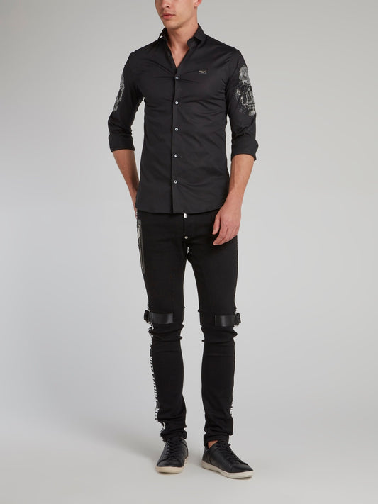 Black Studded Skull Sleeve Shirt