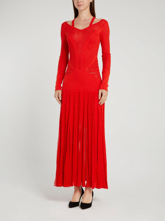 Красное трикотажное платье-макси