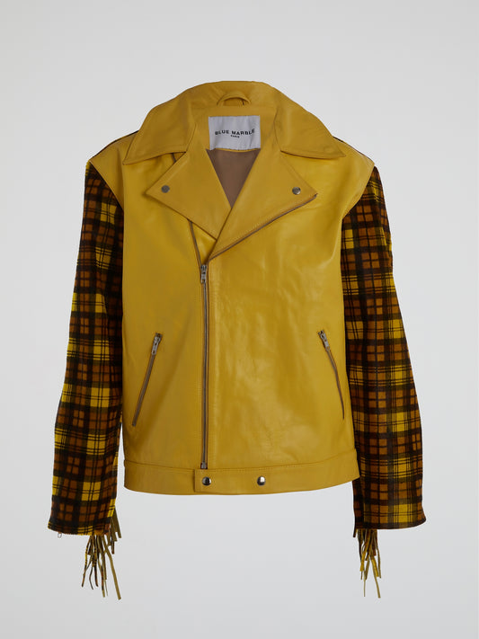 Yellow Plaid Panel Fringe Moto Jacket