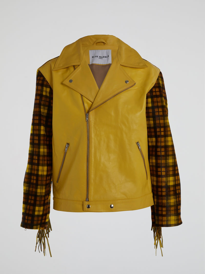 Yellow Plaid Panel Fringe Moto Jacket