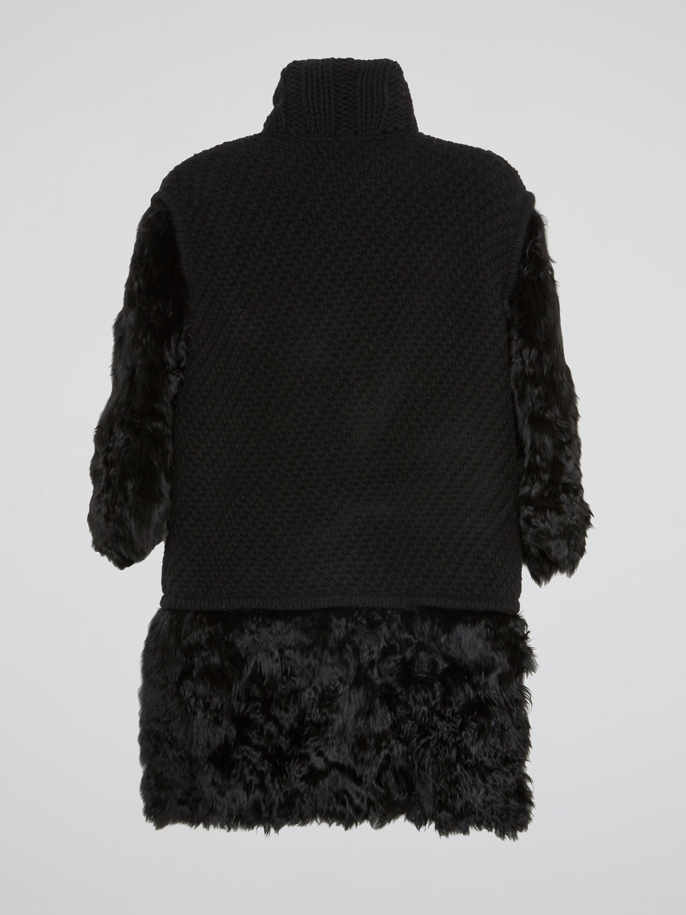 Black Fur-Panel Knitted Trench Coat